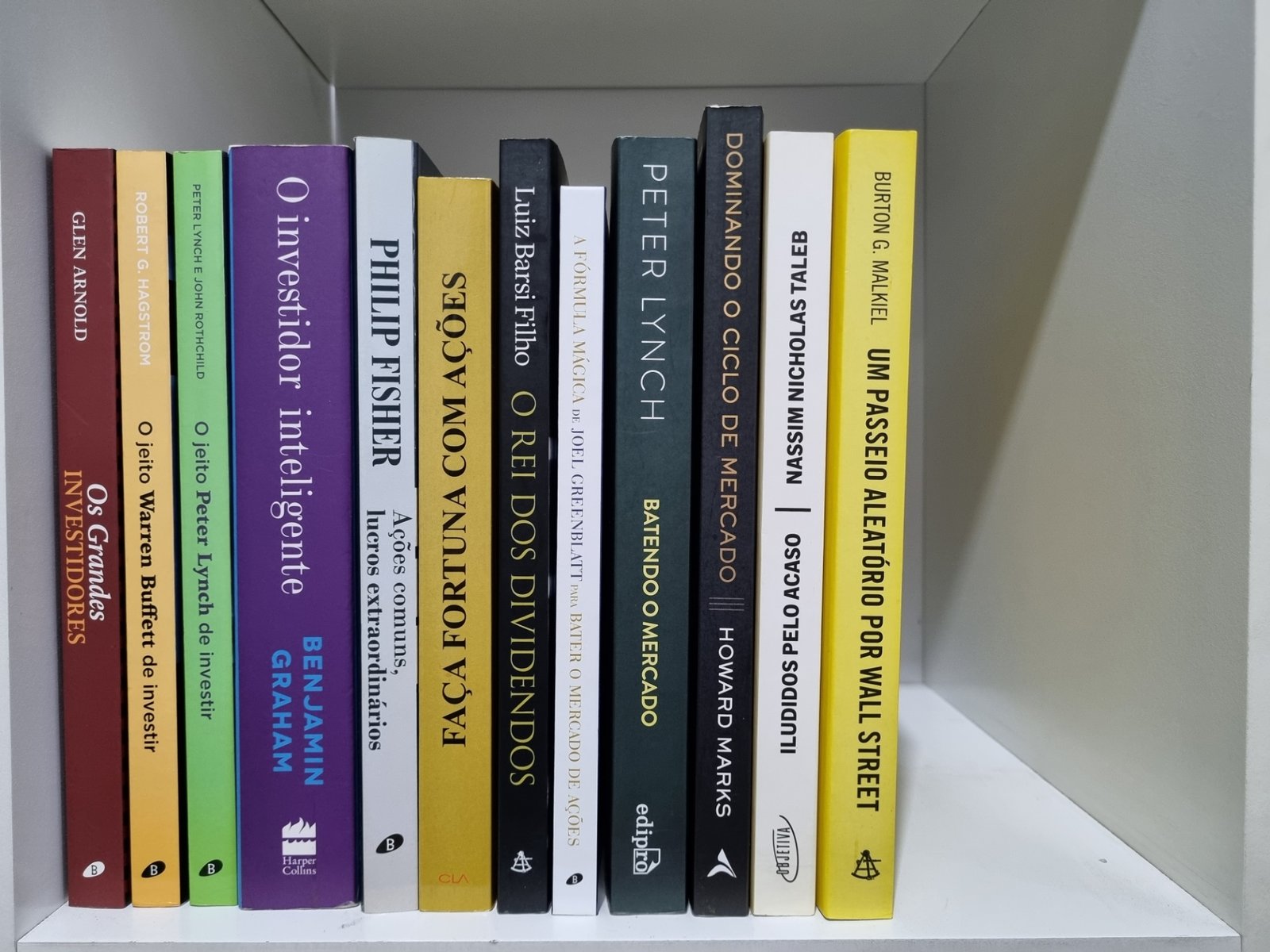 12 livros para criar seu método de investimento Foto real de doze livros de finanças e investimentos alinhados lado a lado sobre uma prateleira.