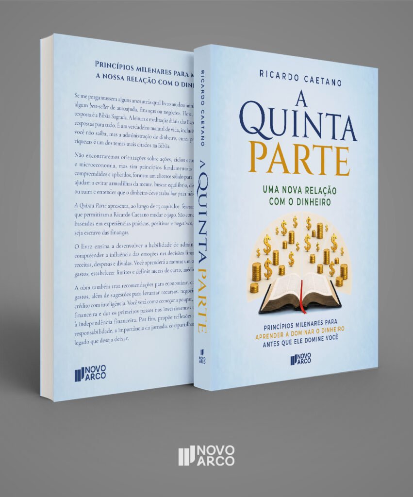 Lançamento do livro A Quinta Parte: uma nova relação com o dinheiro Mockup tridimensional da capa e contracapa do livro A Quinta Parte: uma nova relação com o dinheiro, do autor Ricardo Caetano, publicado pela editora Novo Arco.